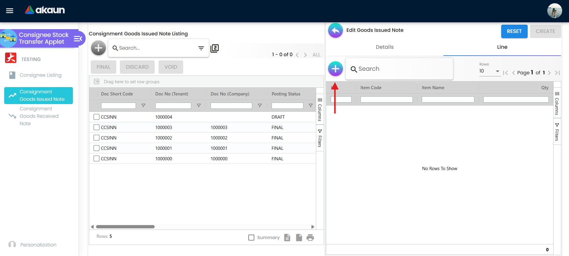 Search item in create line item