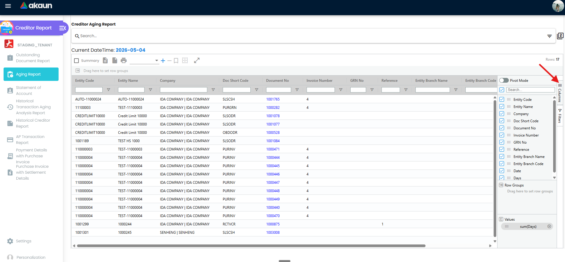 Aging Report grid with time-bucket columns and current date