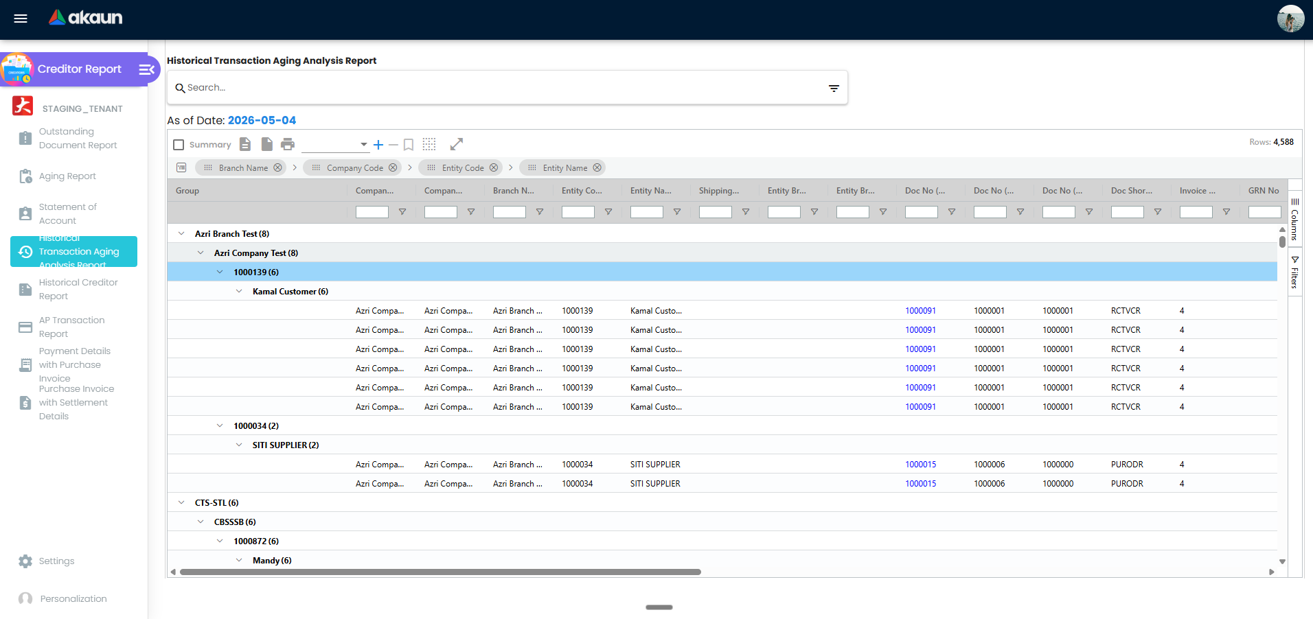 Historical Transaction Aging Analysis Report with As Of Date and results grid