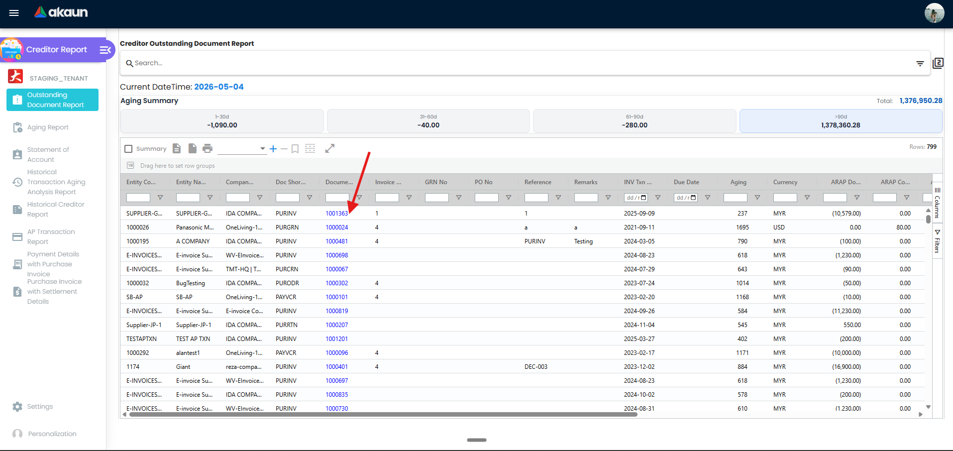 Outstanding Document Report listing with filters and search