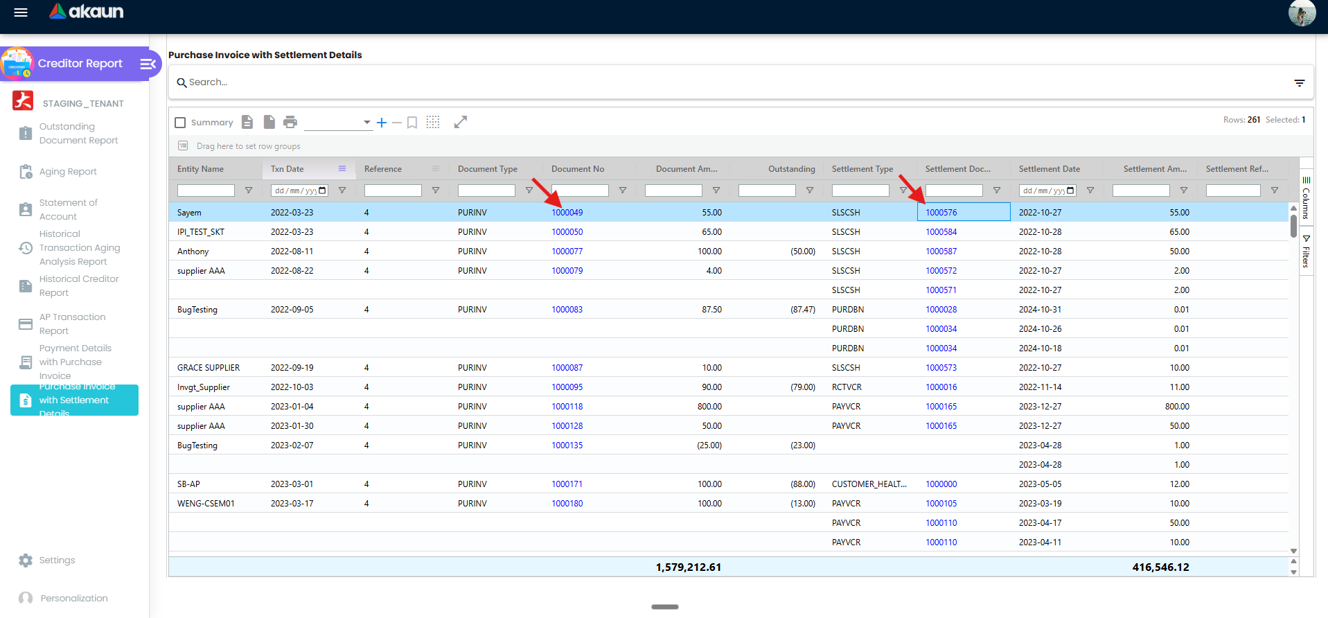 Purchase Invoice with Settlement Details report listing
