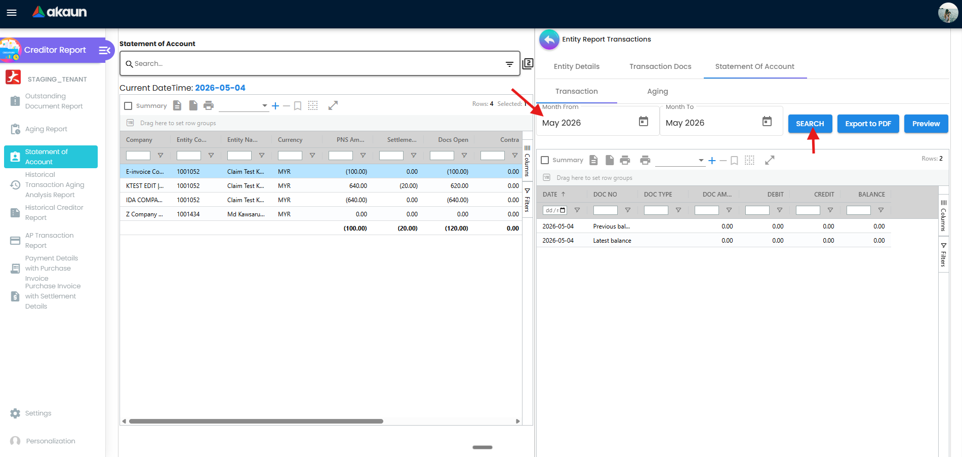 Statement of Account supplier summary or drill-down view