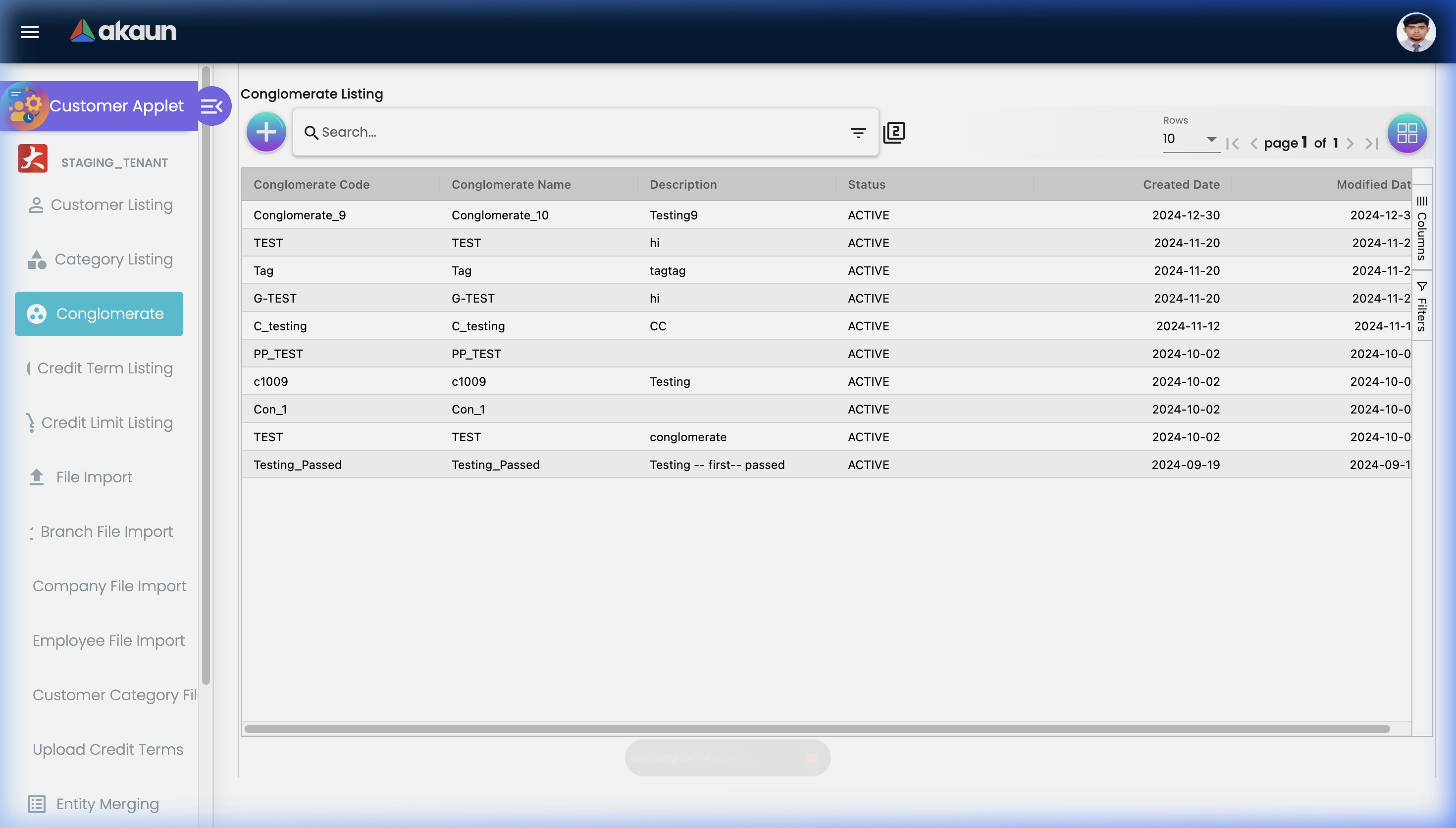 Conglomerate Listing showing corporate group records with columns for Conglomerate Code, Name, Description, Status, and dates