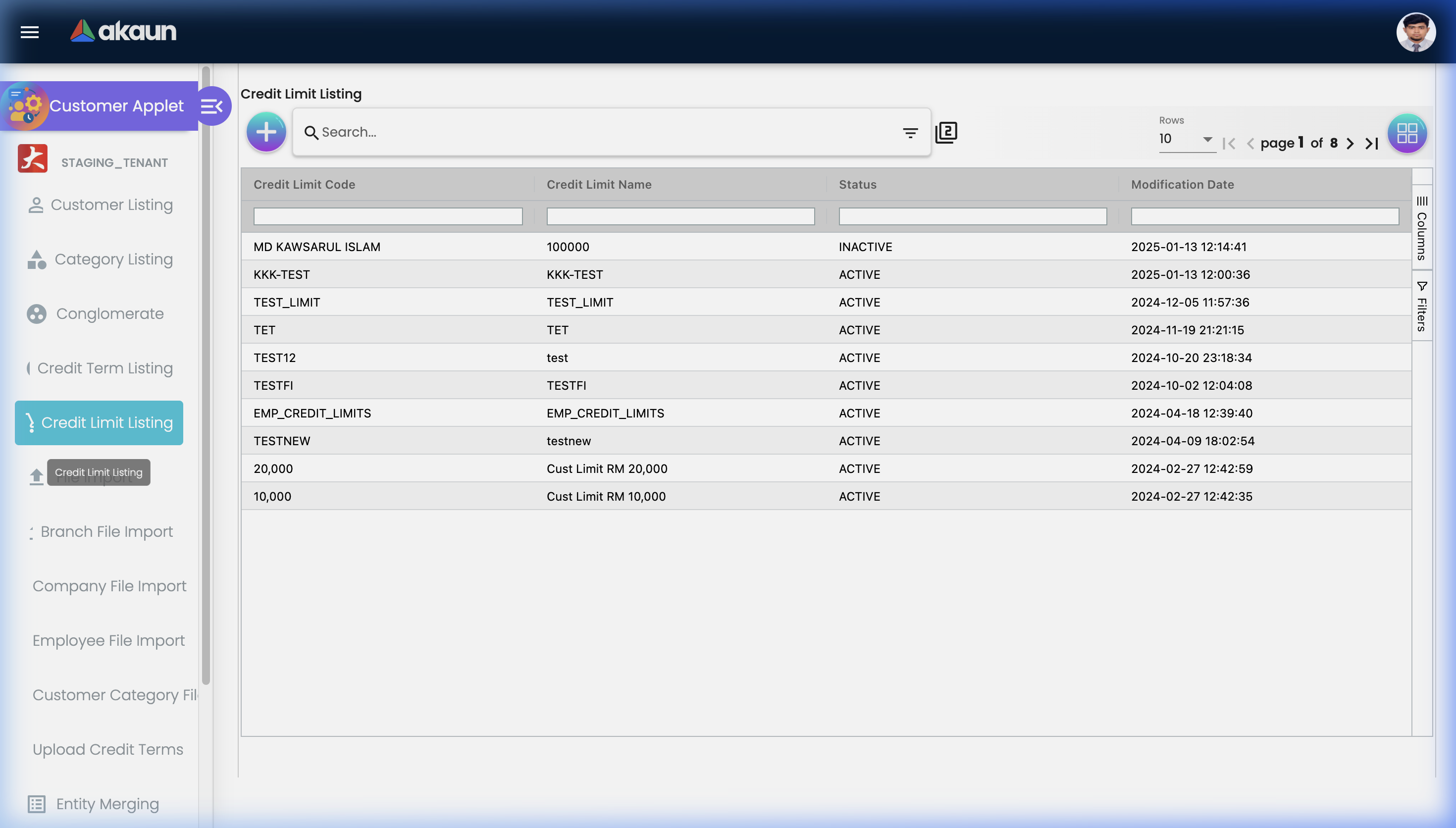 Credit Limit Listing showing configured limits with columns for Credit Limit Code, Credit Limit Name, Status, and Modification Date