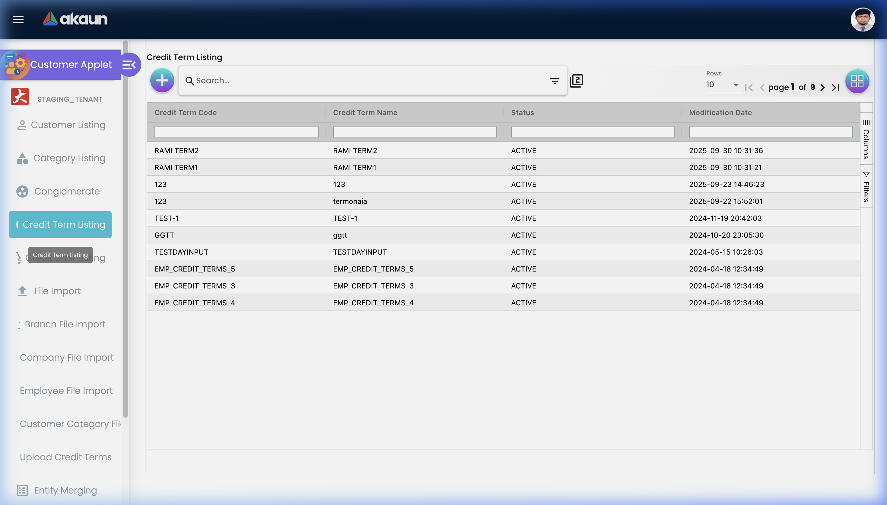 Credit Term Listing showing 9 pages of configured credit terms with columns for Credit Term Code, Credit Term Name, Status, and Modification Date