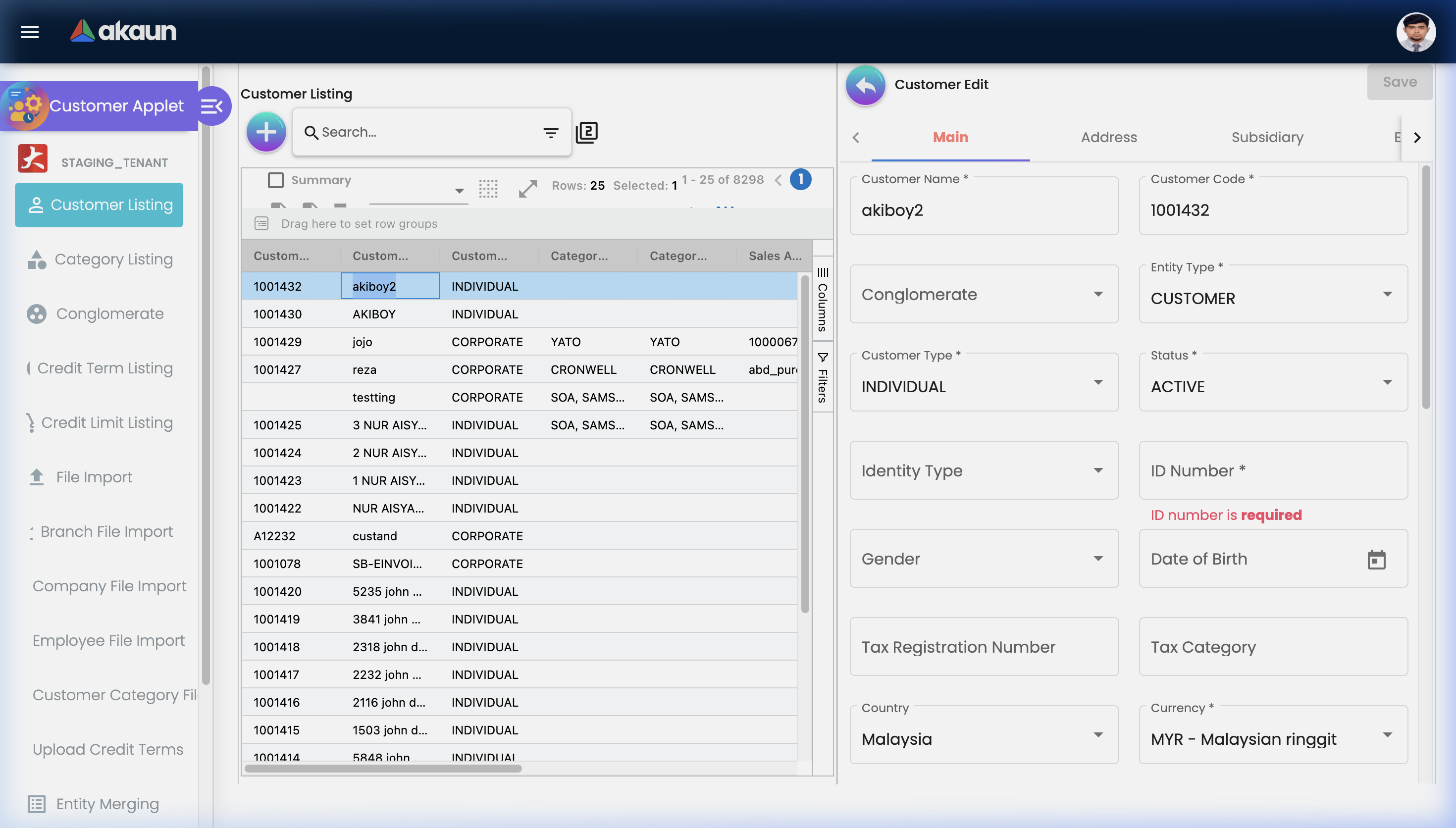 Customer Edit panel showing the Main tab with fields for Customer Name, Code, Entity Type, Conglomerate, Customer Type, Status, Identity Type, Tax Registration, and Currency