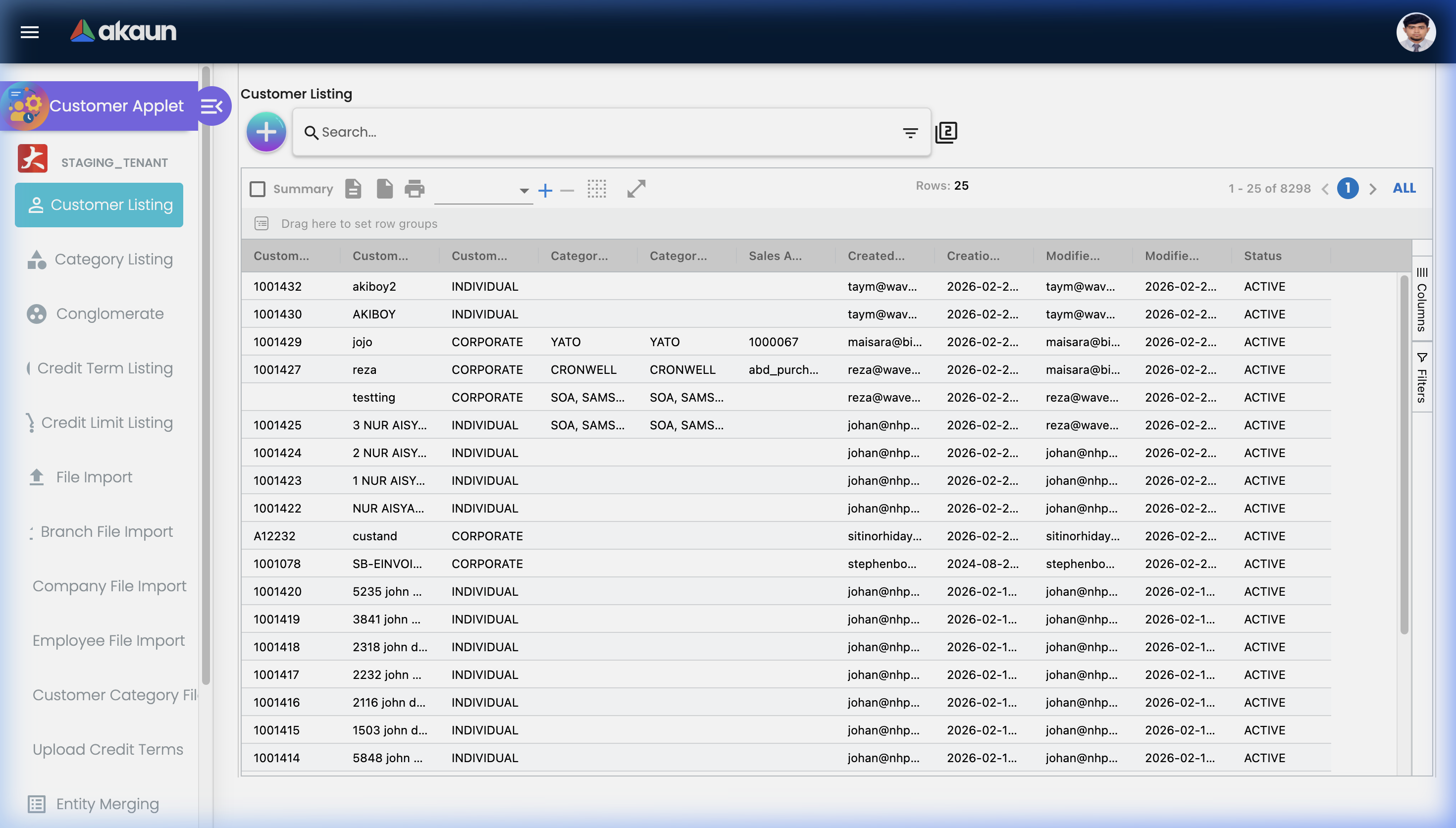 Customer Listing — the master directory showing all customer records with columns for Customer Code, Name, Type, Category, Sales Agent, and Status