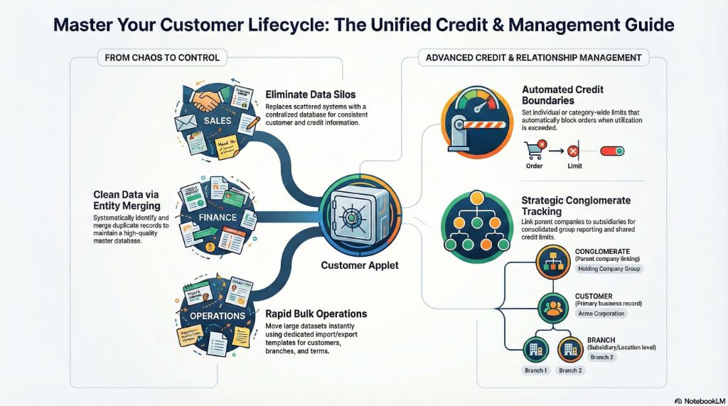 Master Your Customer Lifecycle: The Unified Credit & Management Guide - showing data silos elimination, entity merging, bulk operations, automated credit boundaries, and strategic conglomerate tracking