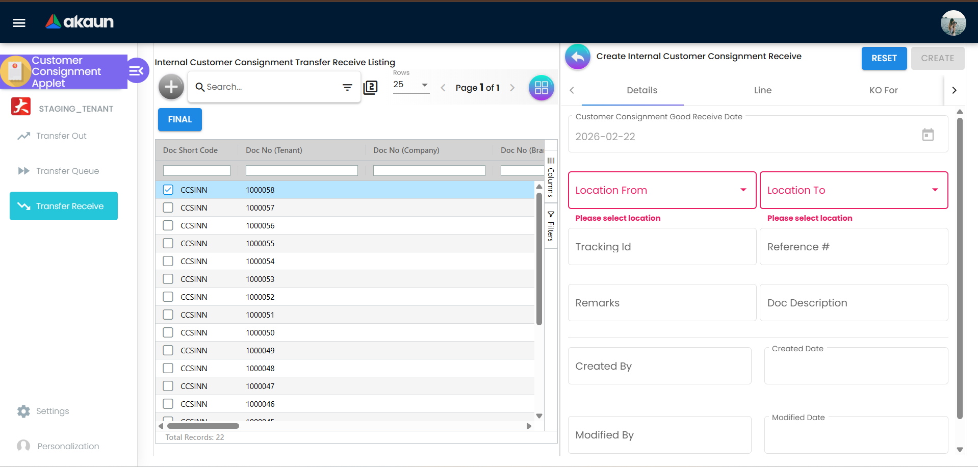 Create Internal Customer Consignment Receive form