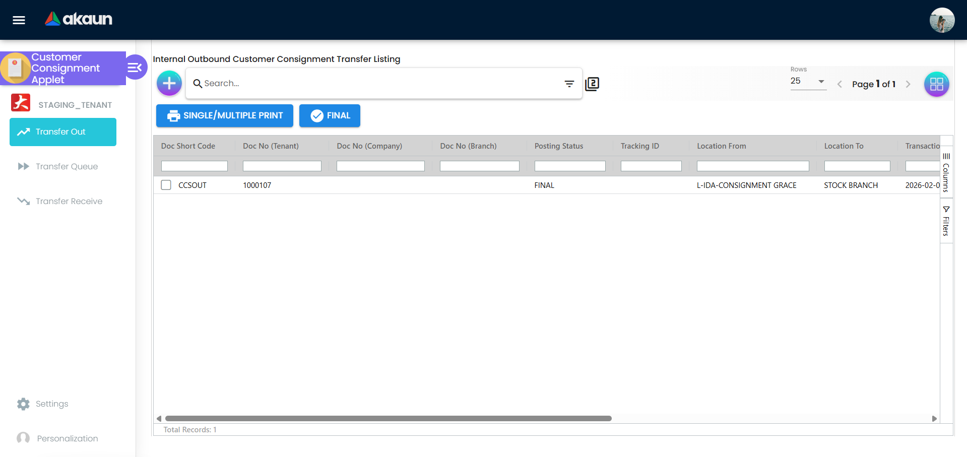 Transfer Out Listing
