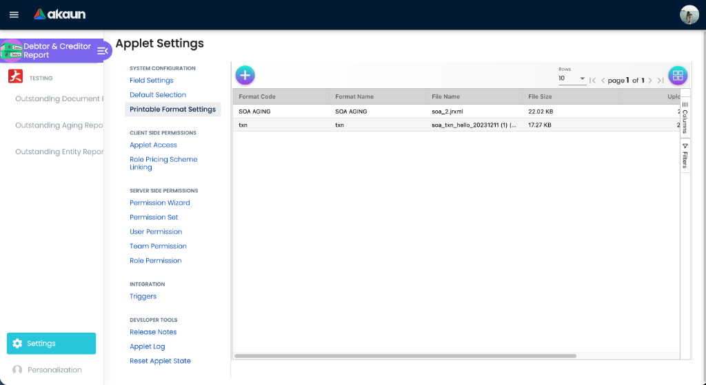 Printable Format Settings view