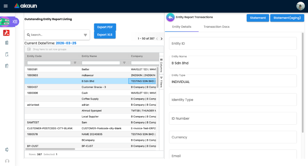 Entity Report Transactions drill-down view