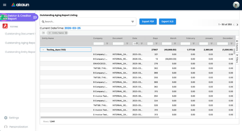 Outstanding Aging Report Listing view