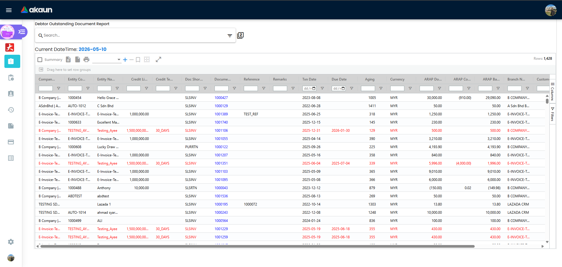Debtor Outstanding Document Report listing screen with open AR documents and balances