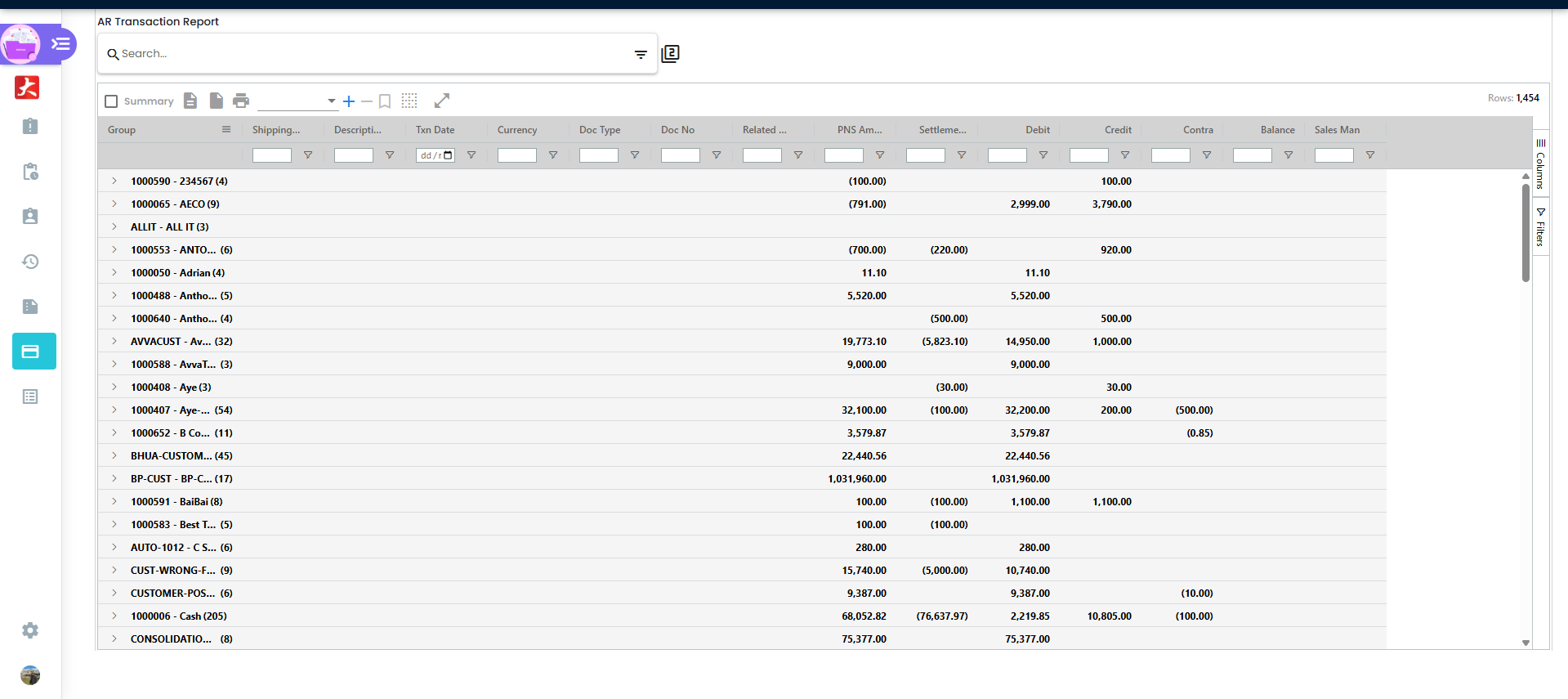 AR Transaction Report listing with grouped transactions, debit and credit columns, and running balance