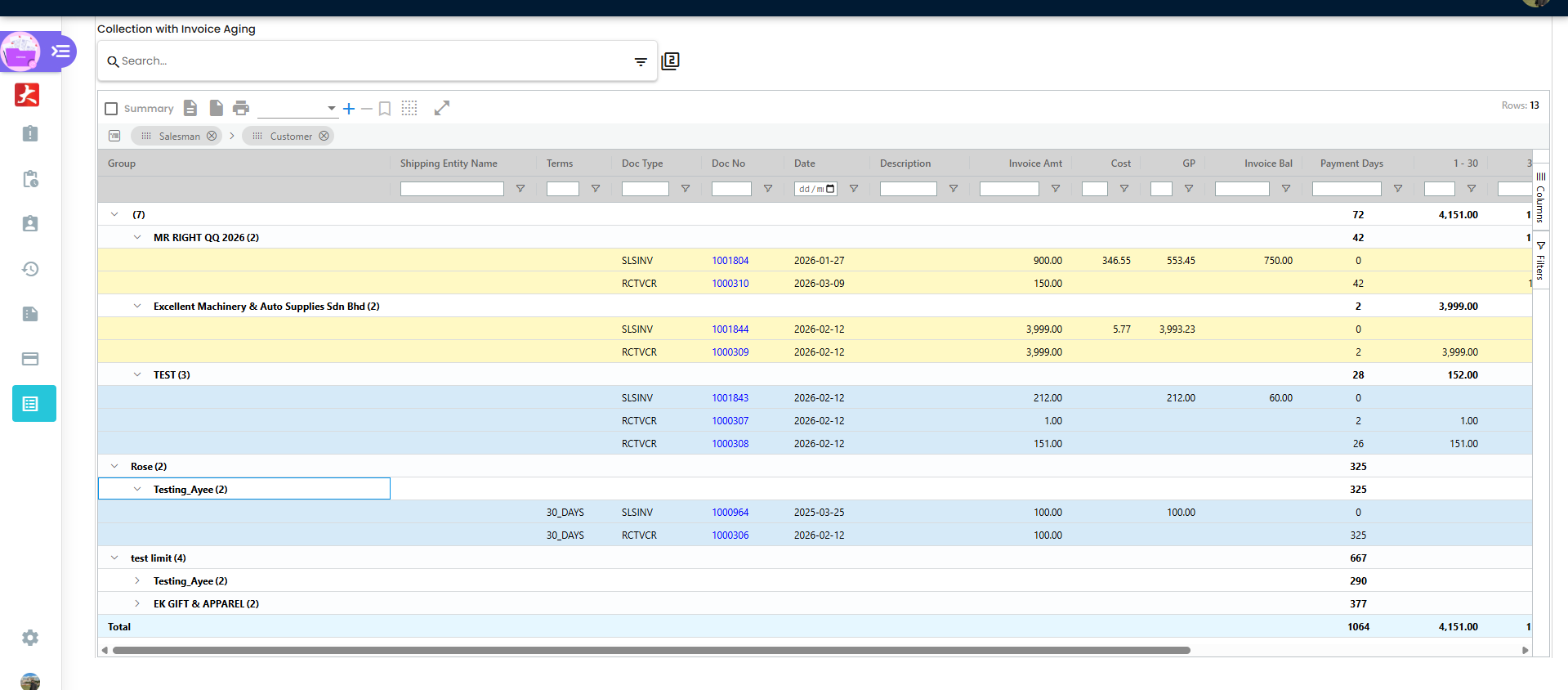 Collection with Invoice Aging listing grouped by salesman and customer with invoice aging columns