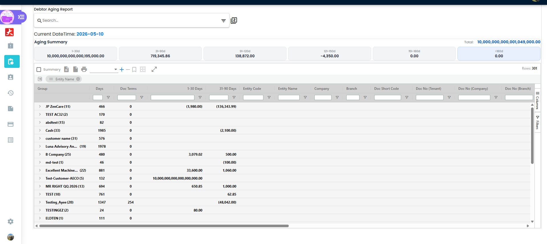 Debtor Aging Report listing with aging summary cards and grouped customer aging buckets