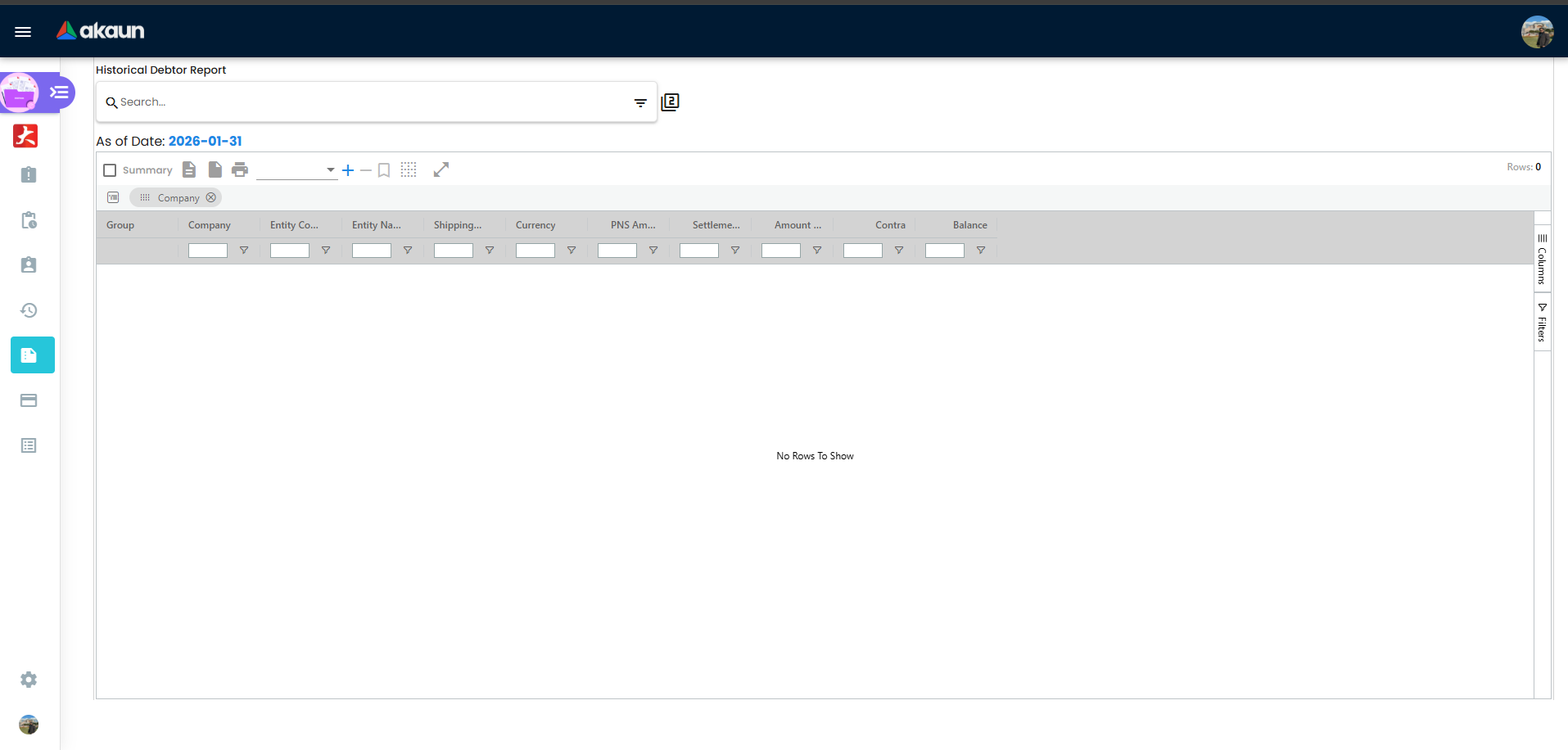 Historical Debtor Report listing showing customer balances for a selected as-of date