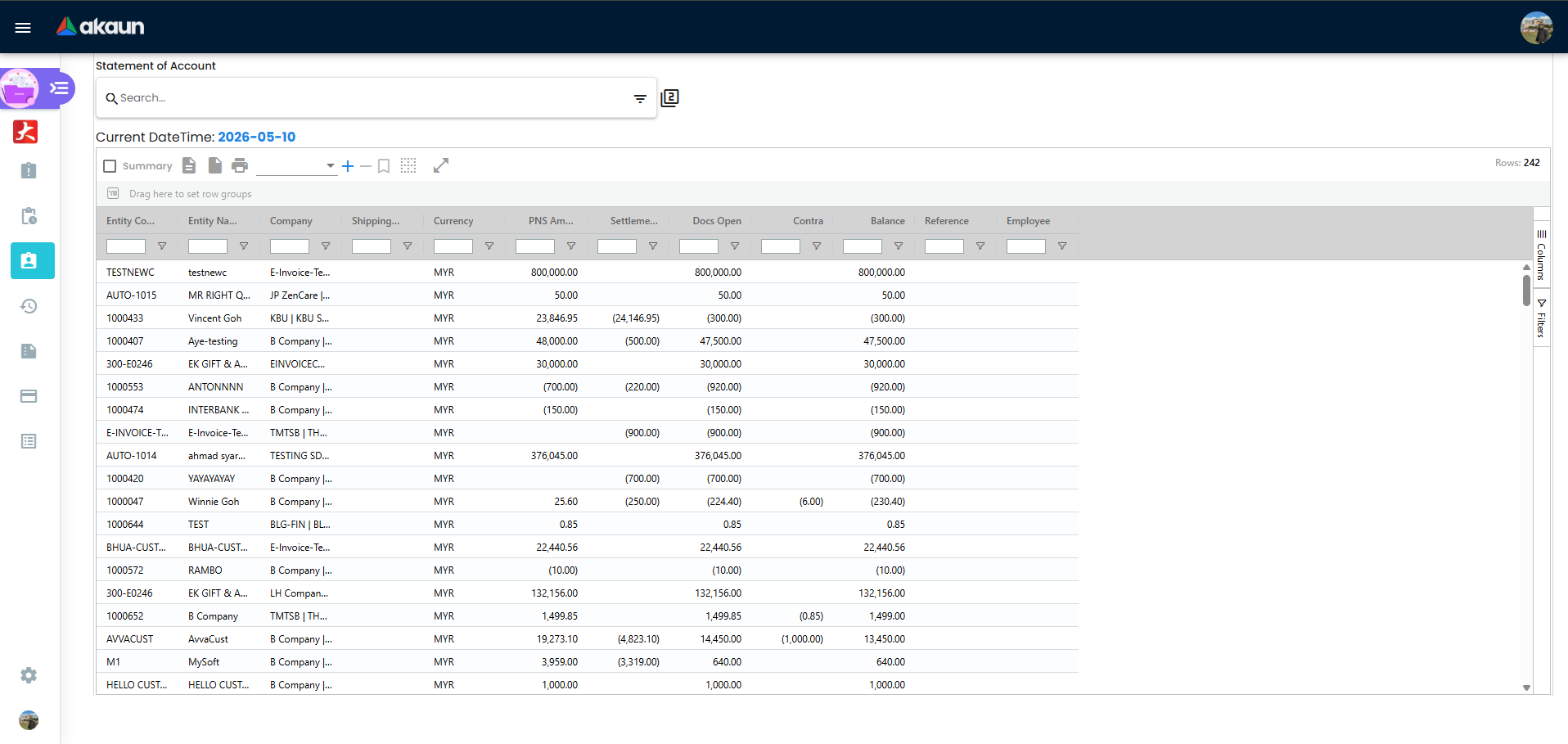 Statement of Account listing with customer balances, settlement values, and open documents