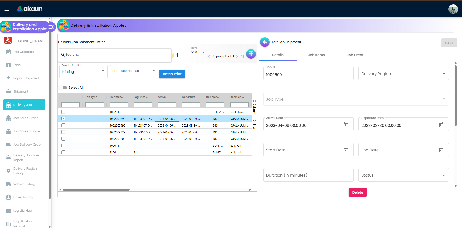 Delivery Job create or edit form with operational fields and execution details