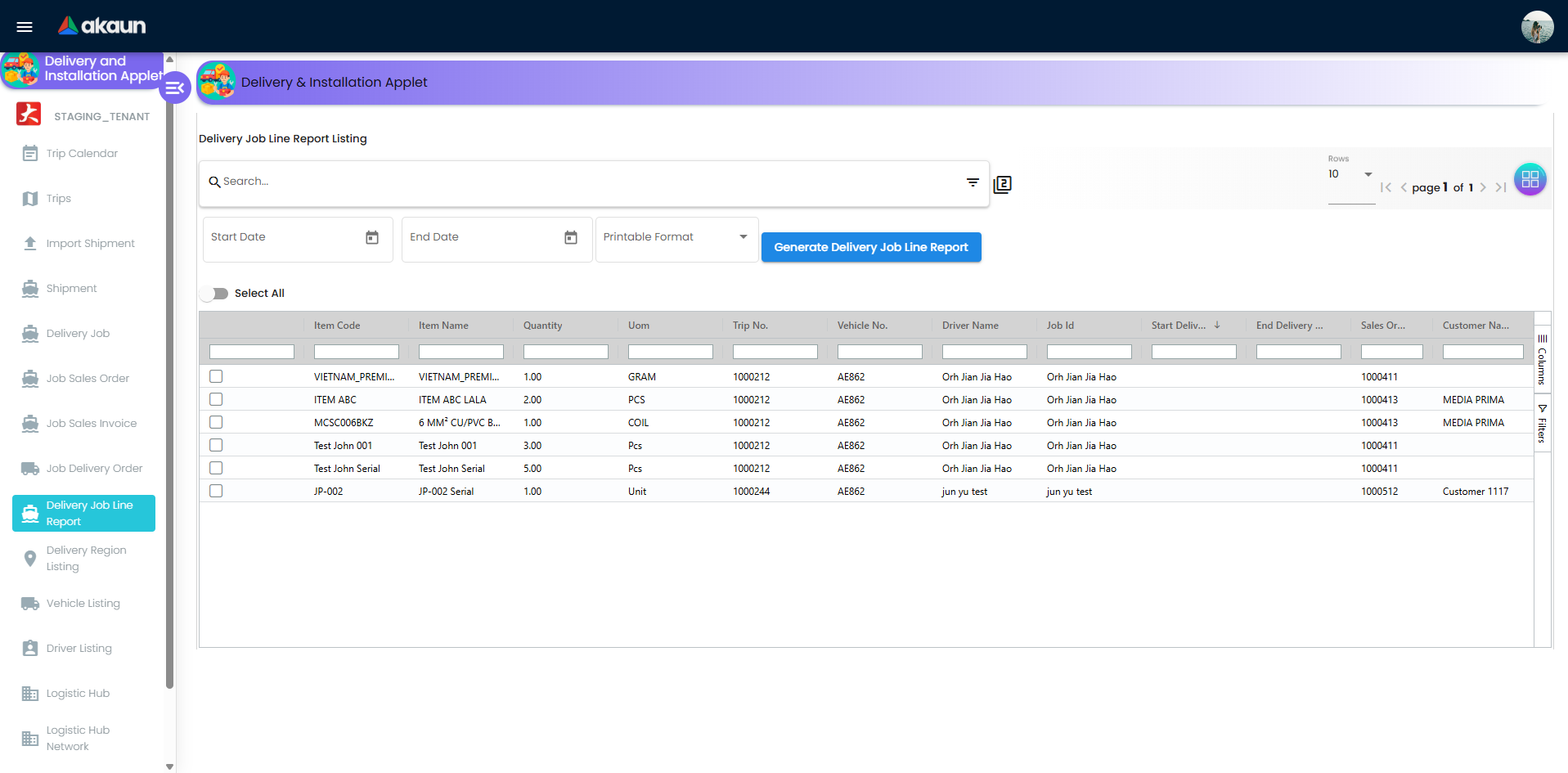 Delivery Job Line Report screen with date range filters, printable format selector, and generate button