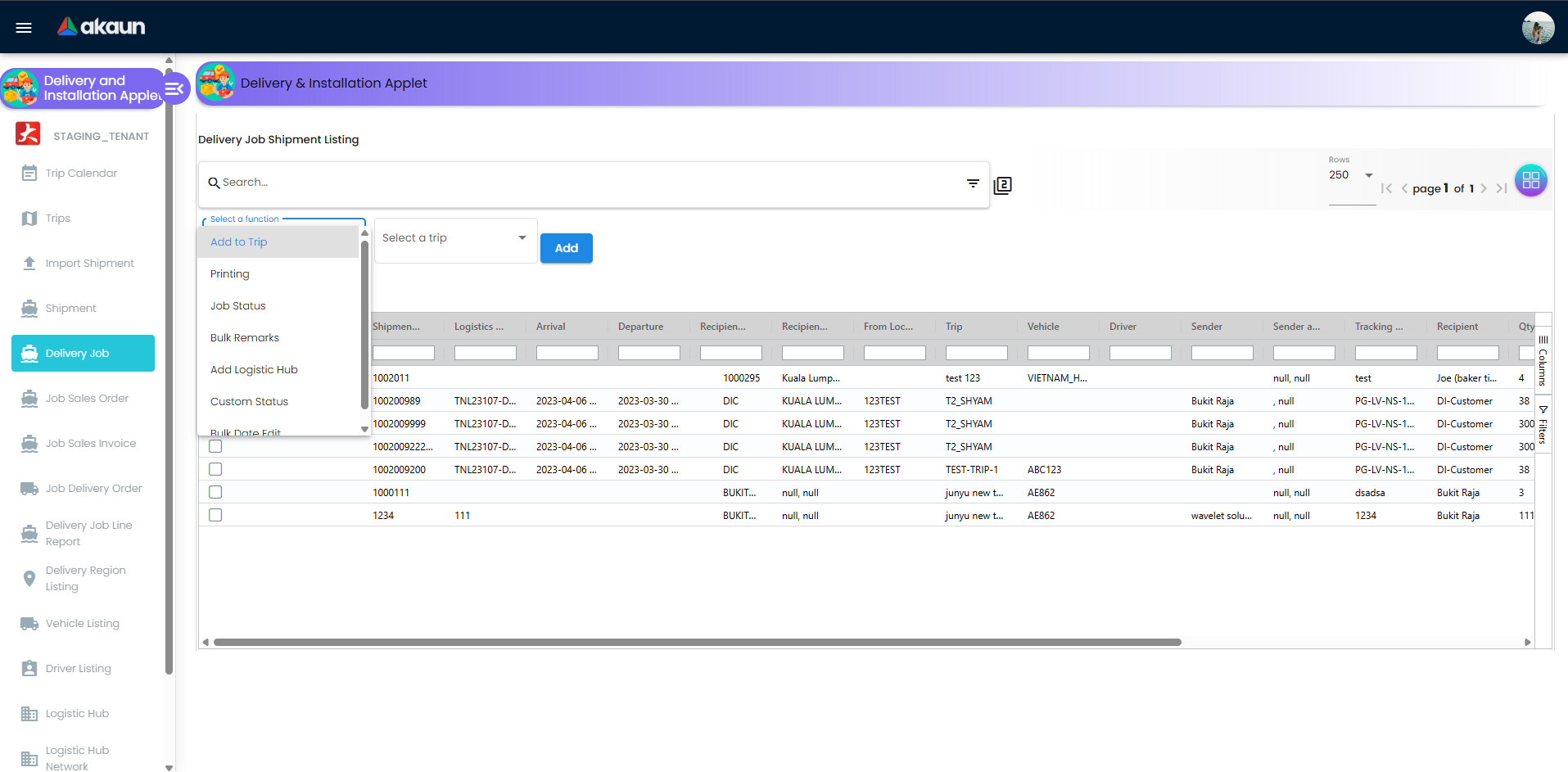 Delivery Job action area showing tabs such as Add to Trip, Job Status, and Bulk Date Edit