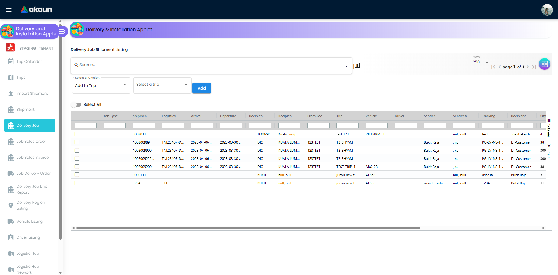 Delivery Job listing screen with filters, grid columns, and bulk operation tabs