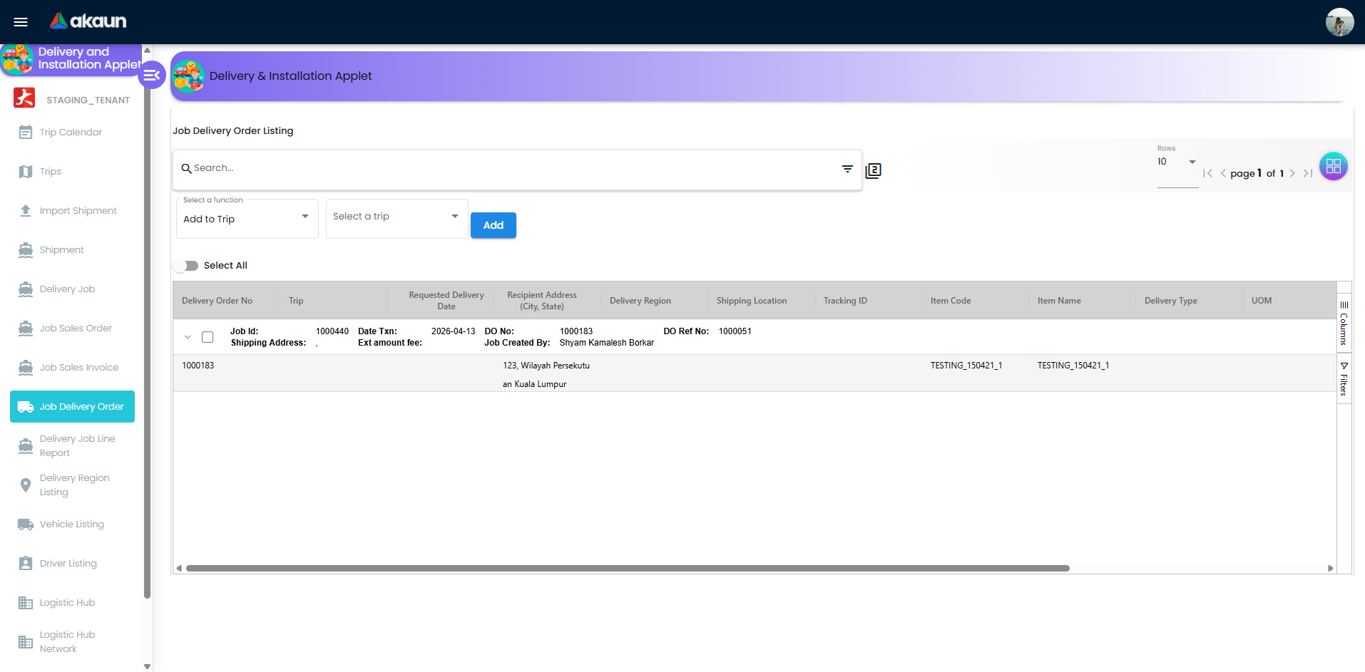 Job Delivery Order listing with delivery job actions and status controls