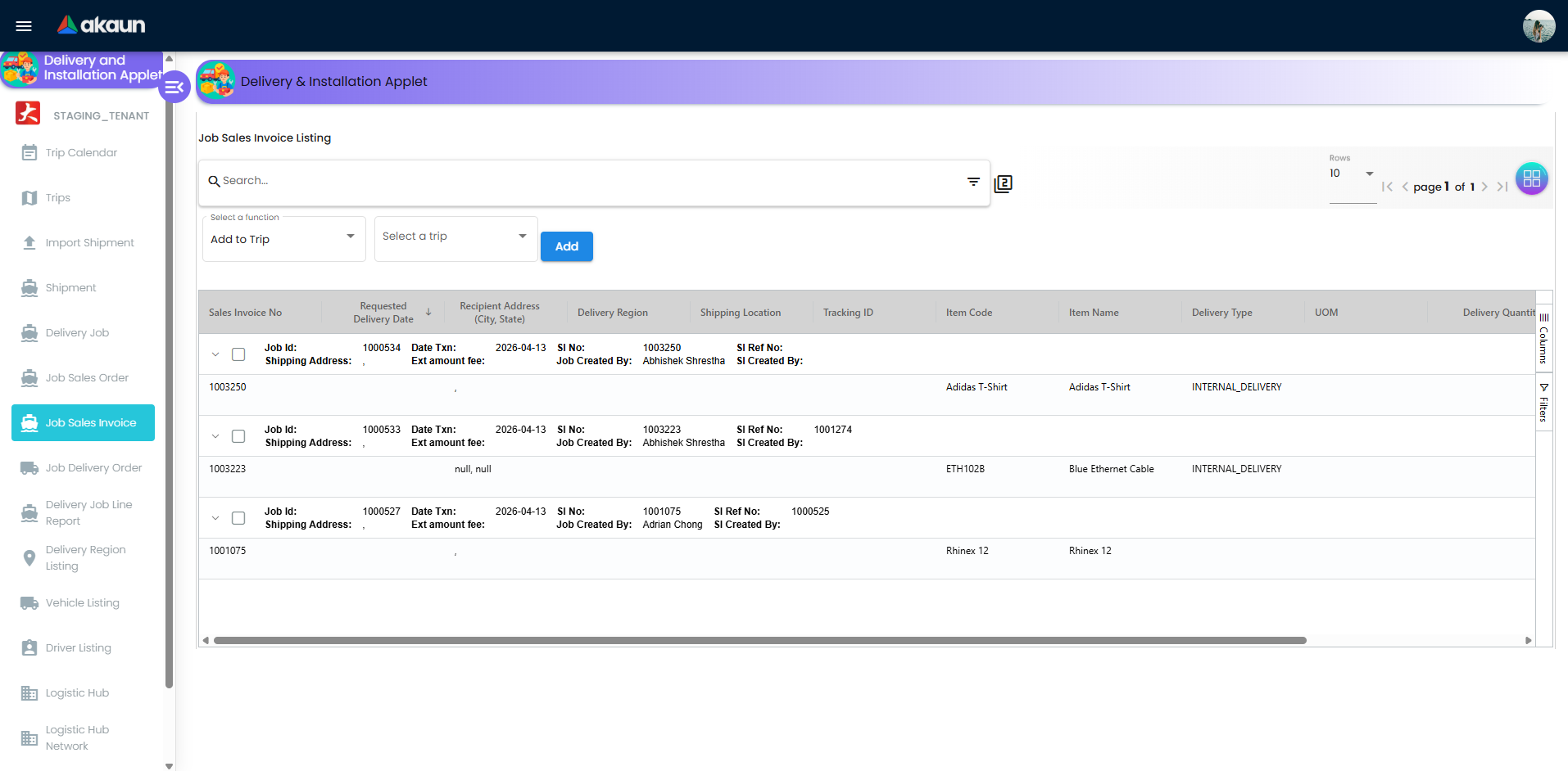 Job Sales Invoice listing with delivery job actions and status controls