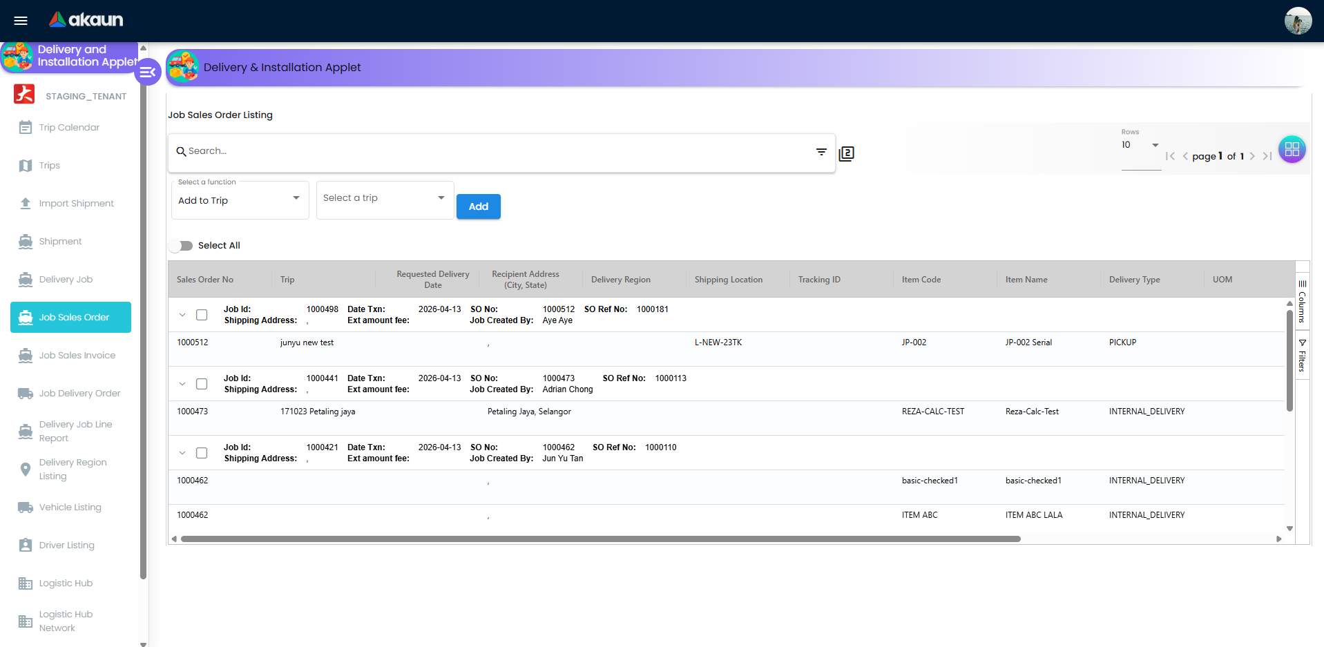 Job Sales Order listing with delivery job actions and status controls