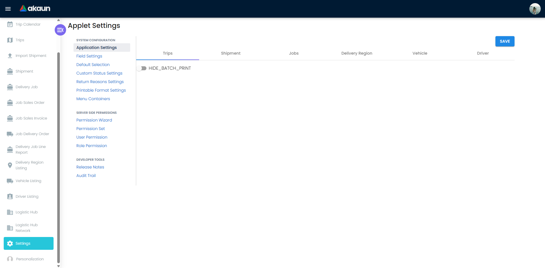 Settings center showing application behavior controls, return reasons, printable formats, and defaults