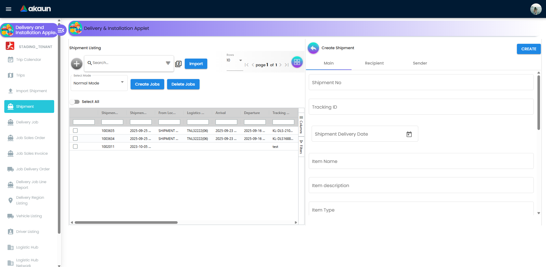 Create Jobs controls in Shipment Listing with mode, optimization method, and network selection