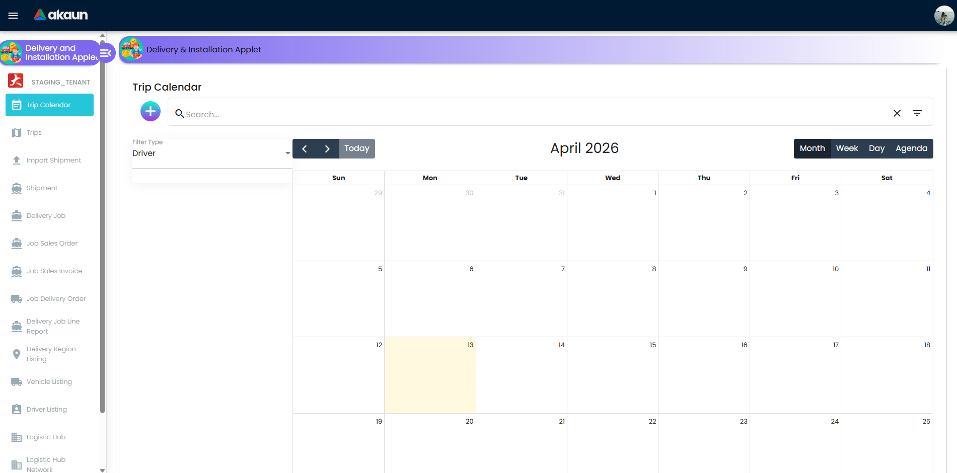 Trip Calendar view with scheduled trips and filters for driver, vehicle, and region