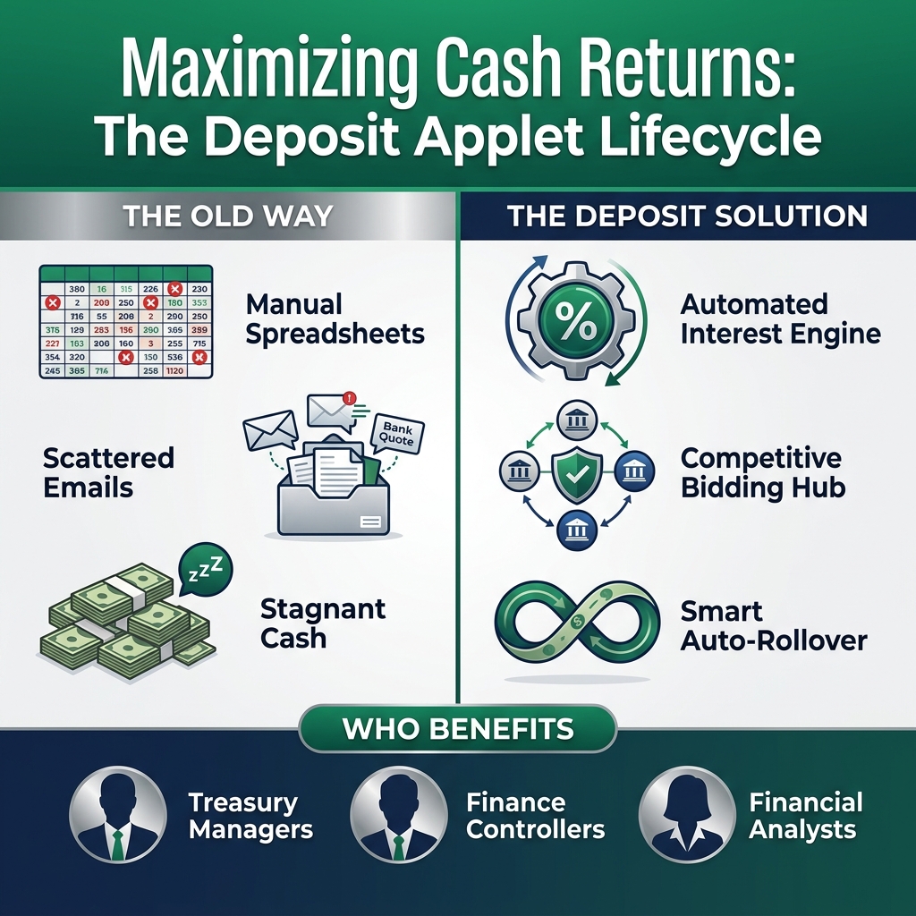Deposit Applet Overview - Challenges (manual spreadsheets, scattered emails, stagnant cash), Solution (automated interest engine, competitive bidding hub, smart auto-rollover), and User Roles (Treasury Managers, Finance Controllers, Financial Analysts)