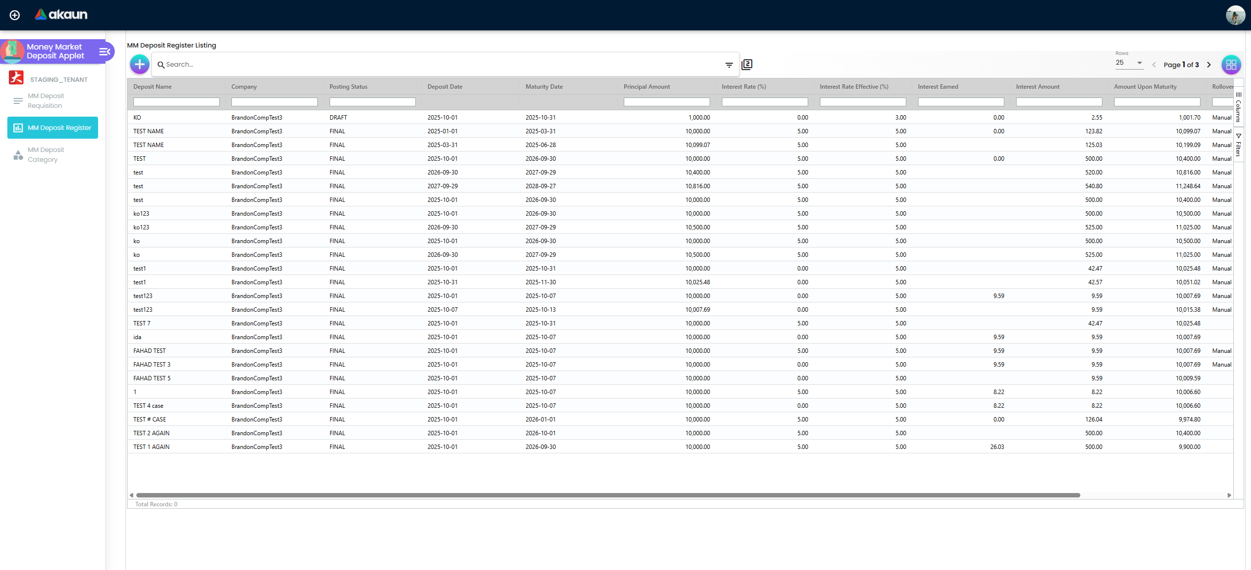 Deposit Register Listing - monitoring active investments and maturity schedules