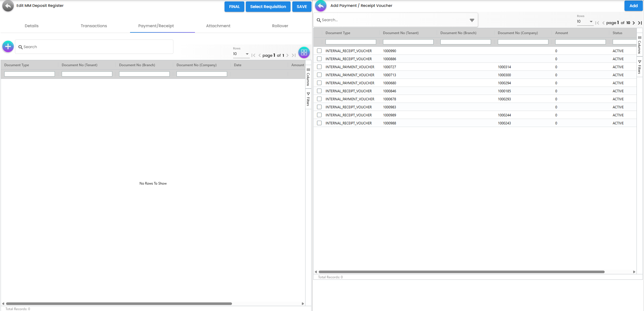 Payment/Receipt Tab - tracking physical cash settlements against the ledger
