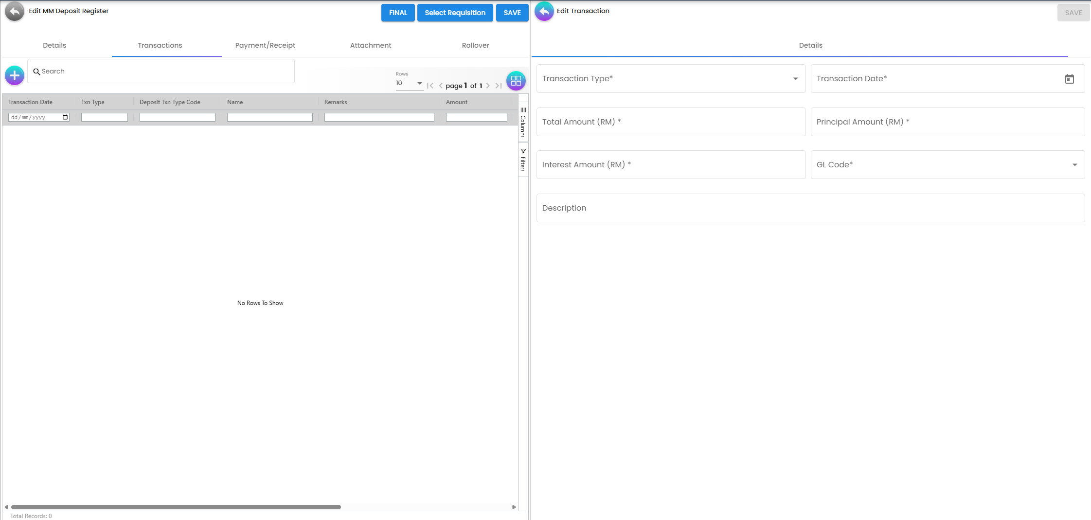 Transactions Tab - automated ledger of placement and interest journal entries