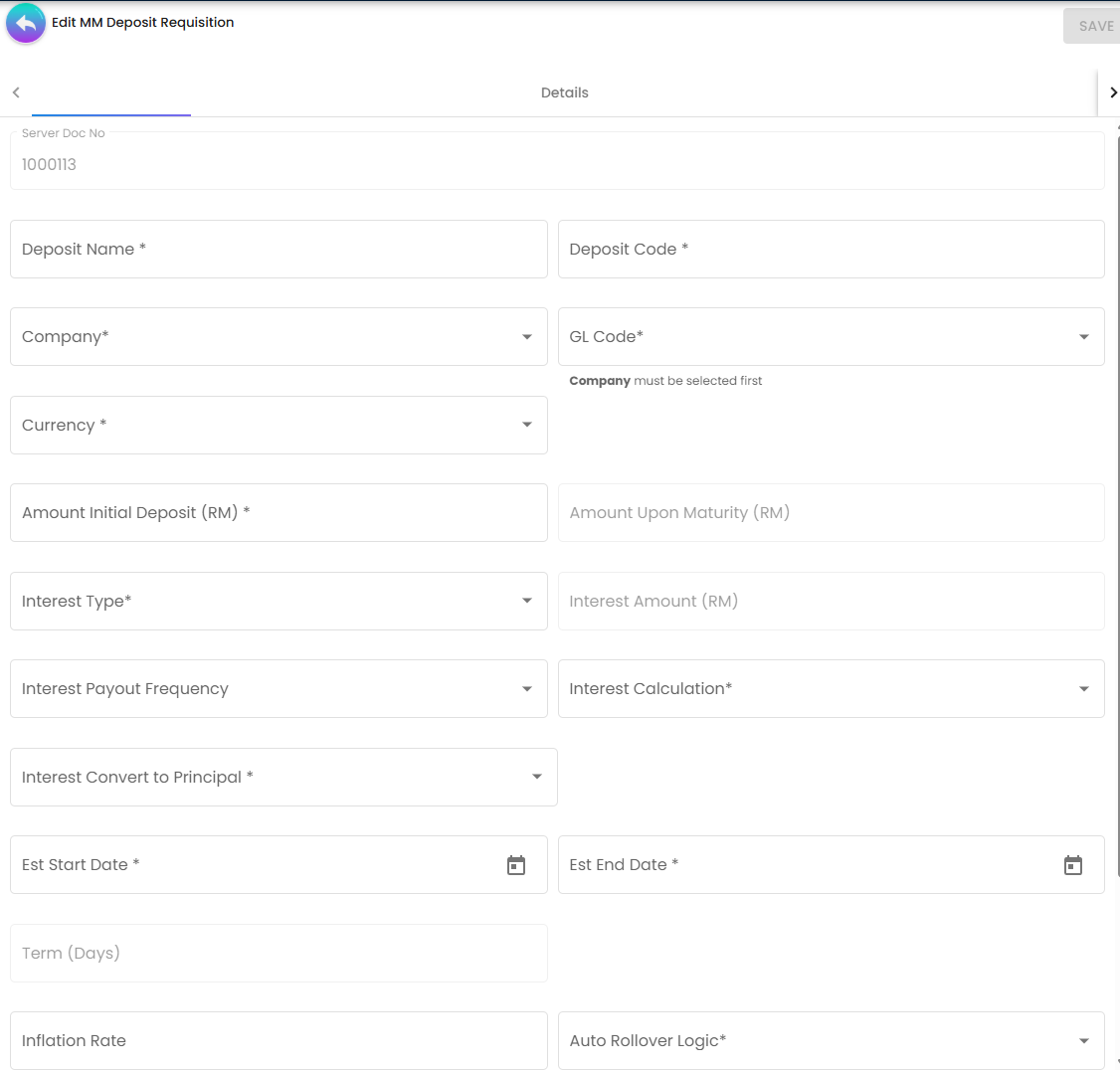 Requisition Details Tab - defining principal amount, interest logic, and investment terms