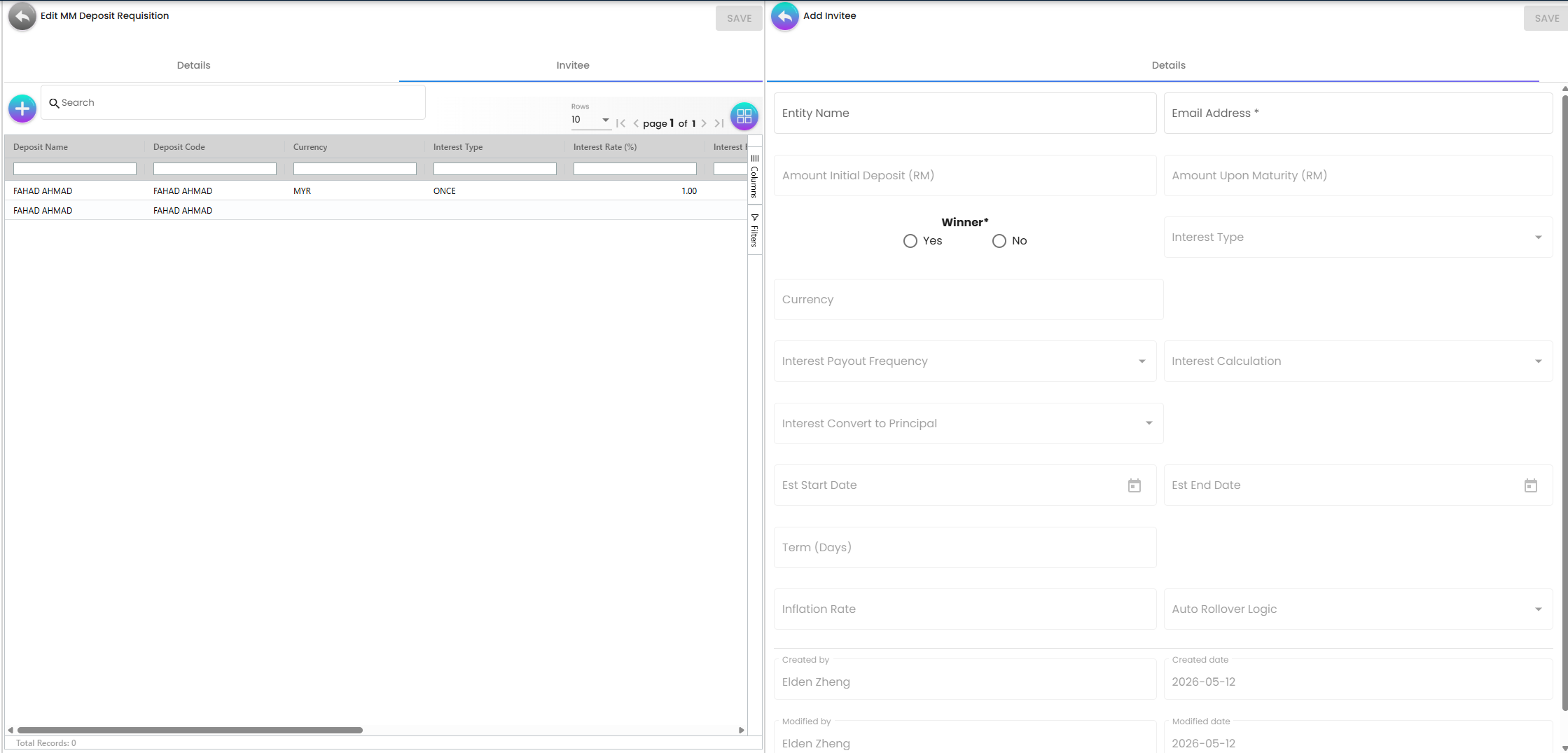 Invitee Tab - bank bidding portal for competitive rate submission