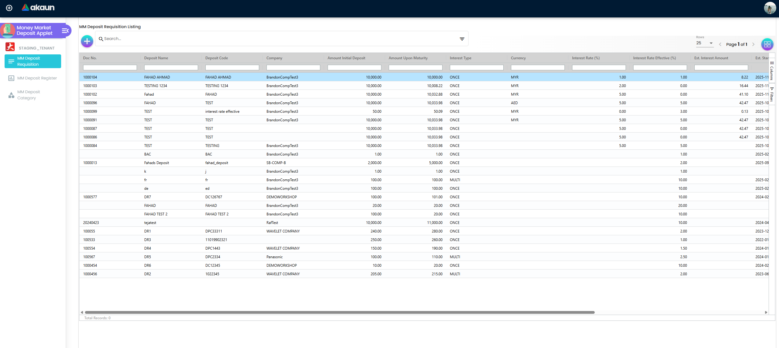 Deposit Requisition Listing - centralized dashboard for managing all investment requests