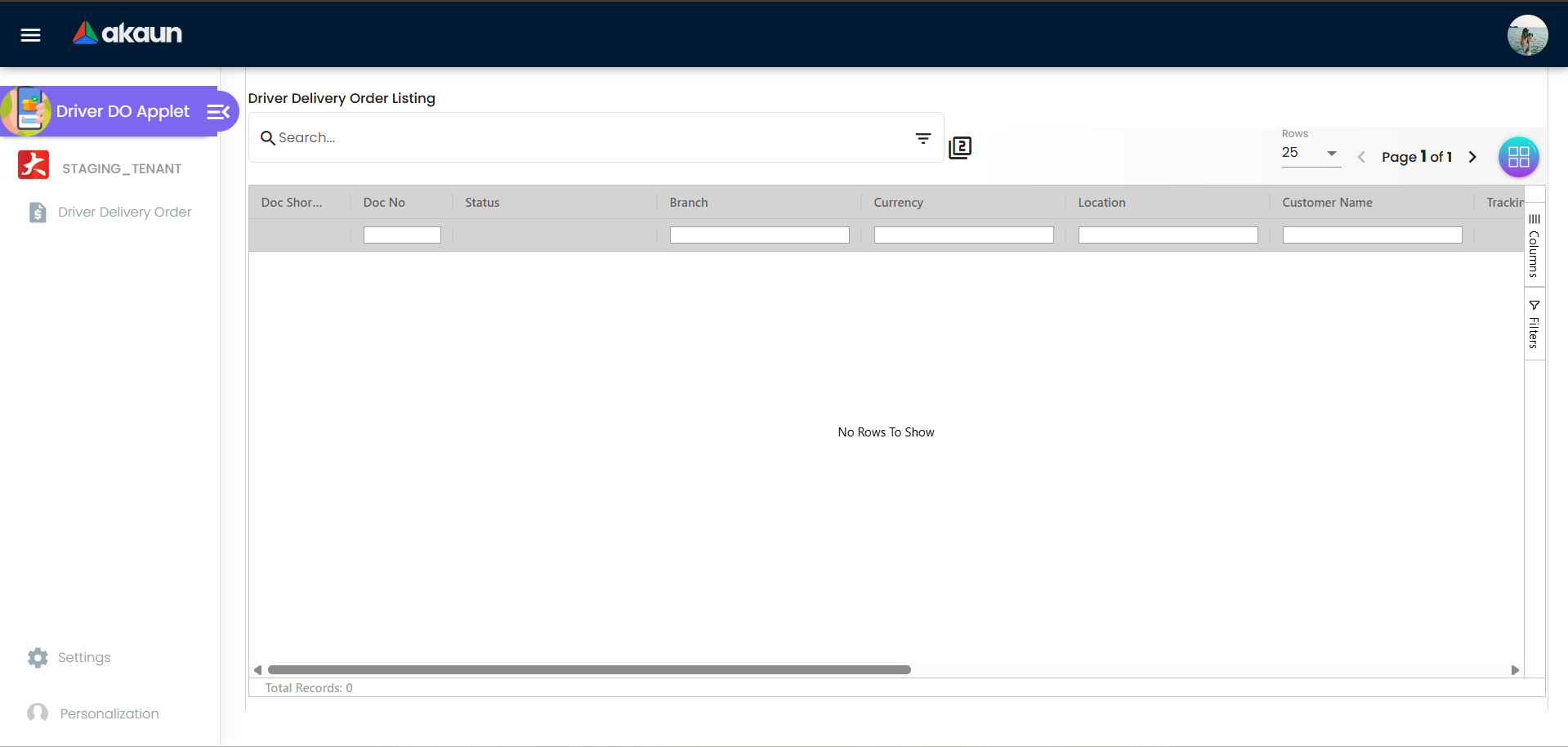 Driver Delivery Order Applet Dashboard Overview