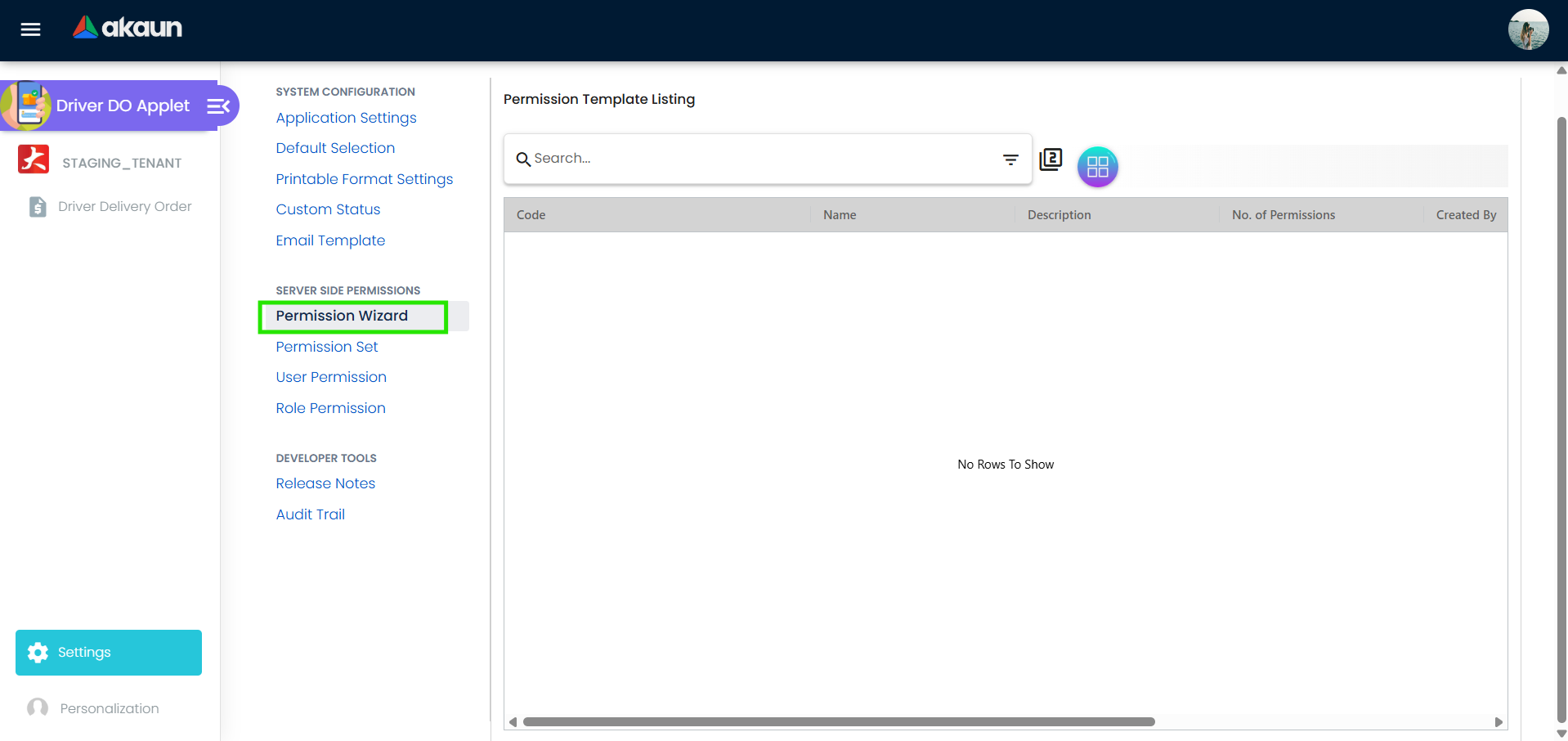 Permission wizard on Driver Delivery Order Applet