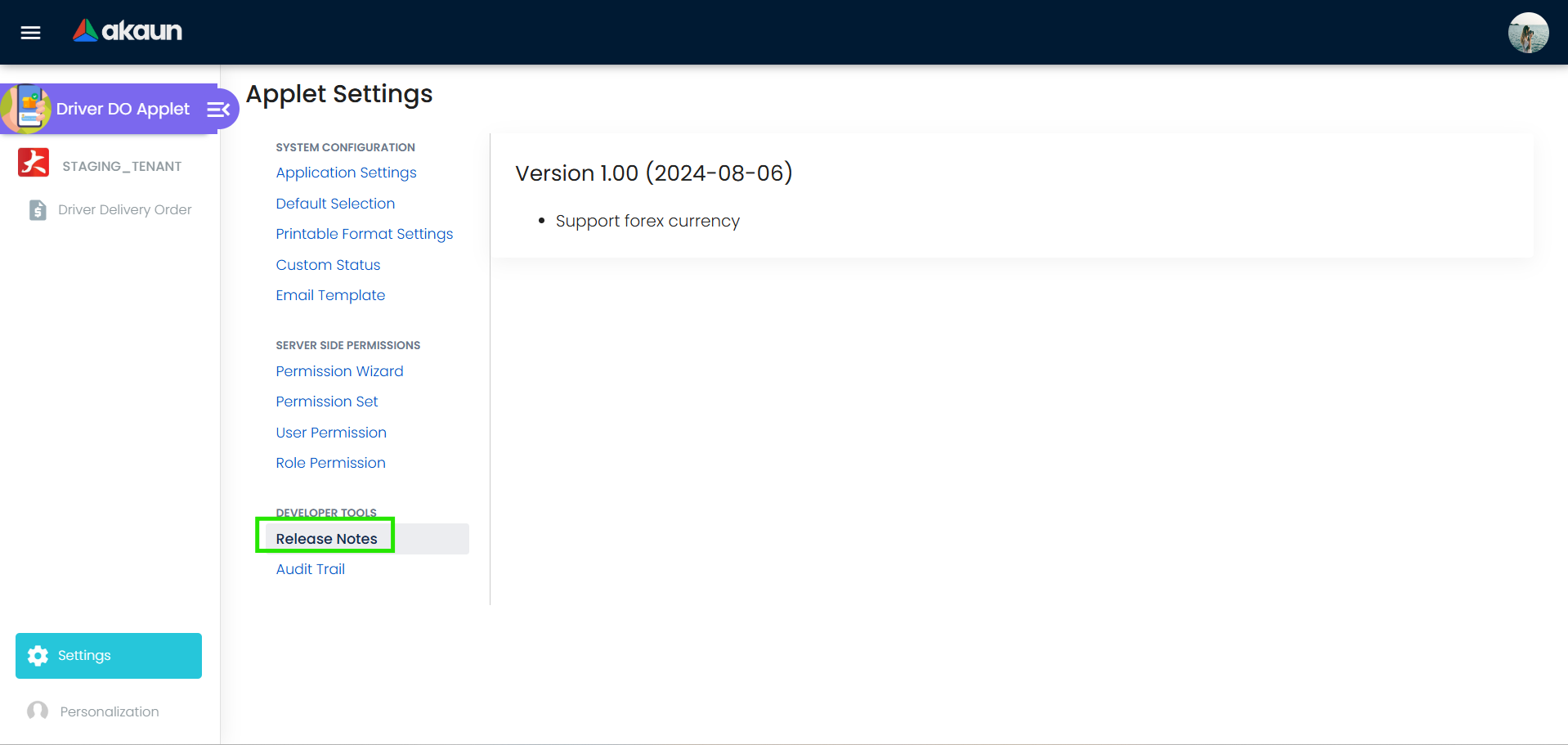 Release note on Driver Delivery Order Applet