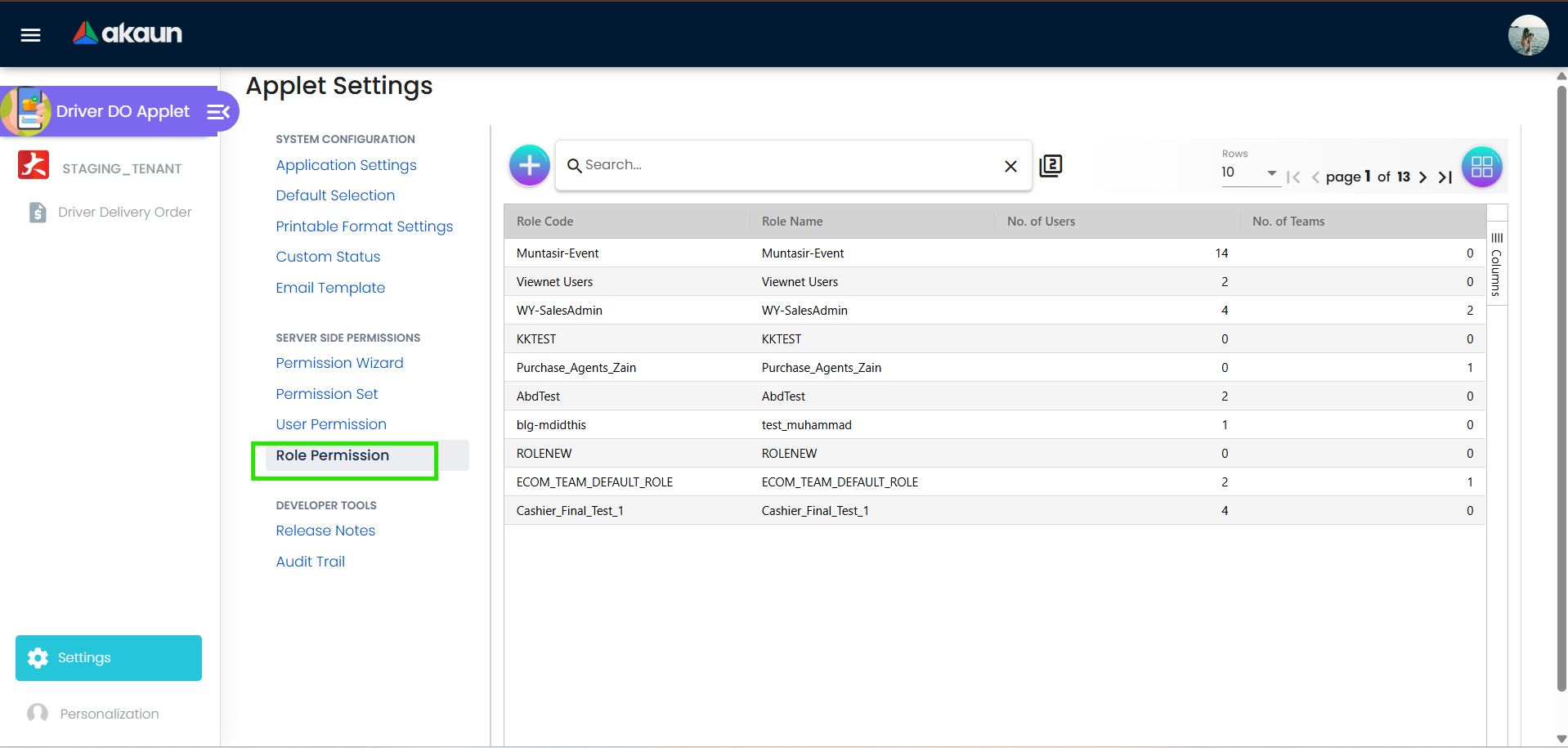 Role permission on Driver Delivery Order Applet