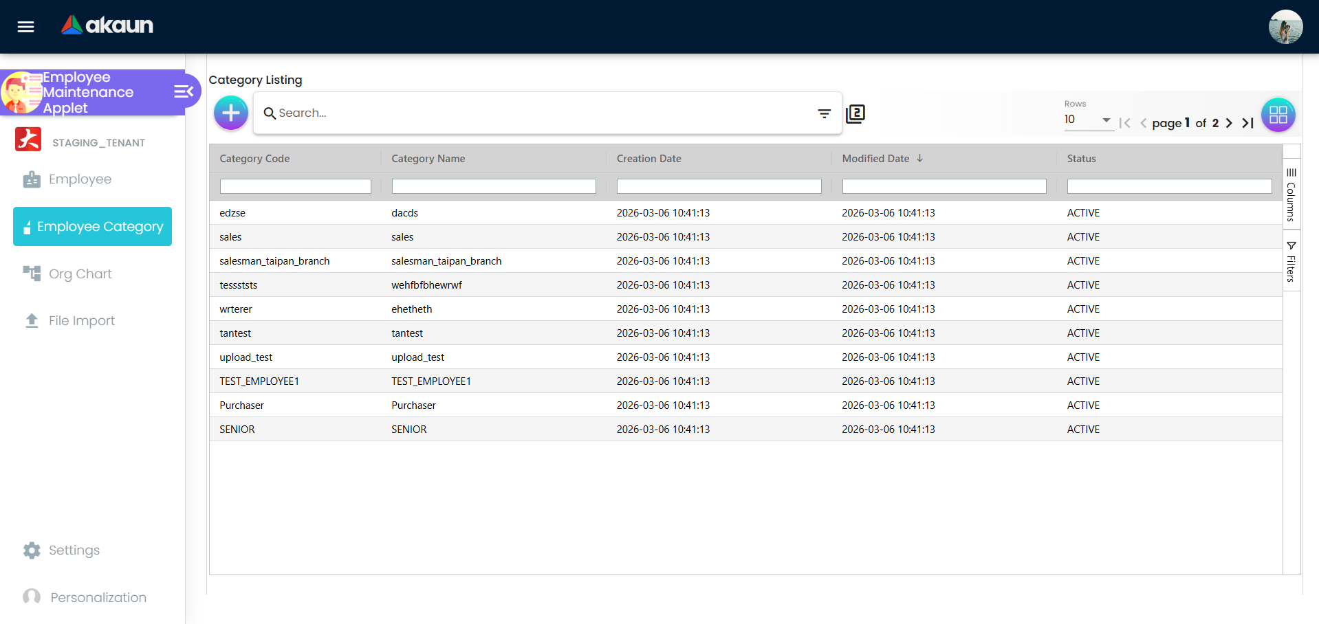 Employee categories view showing reporting structure