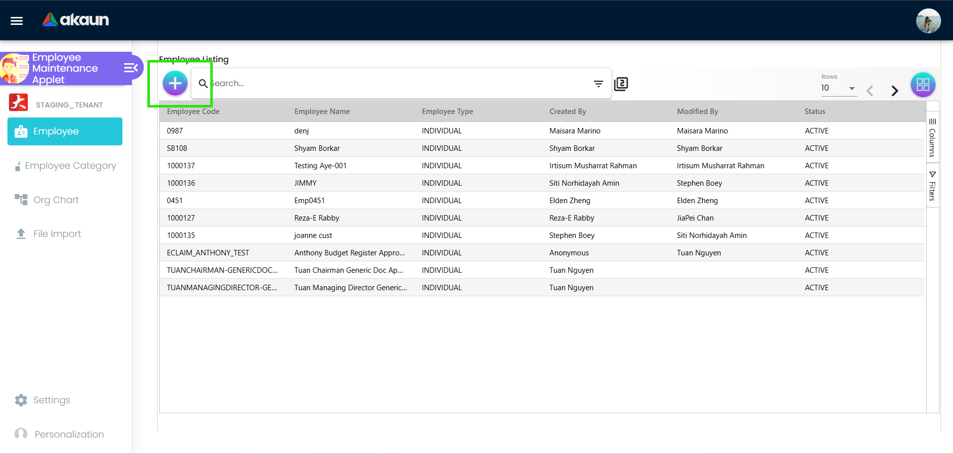 Employee create button