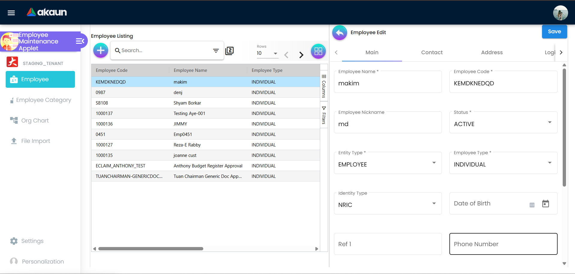 Employee Edit form with profile details and tabs