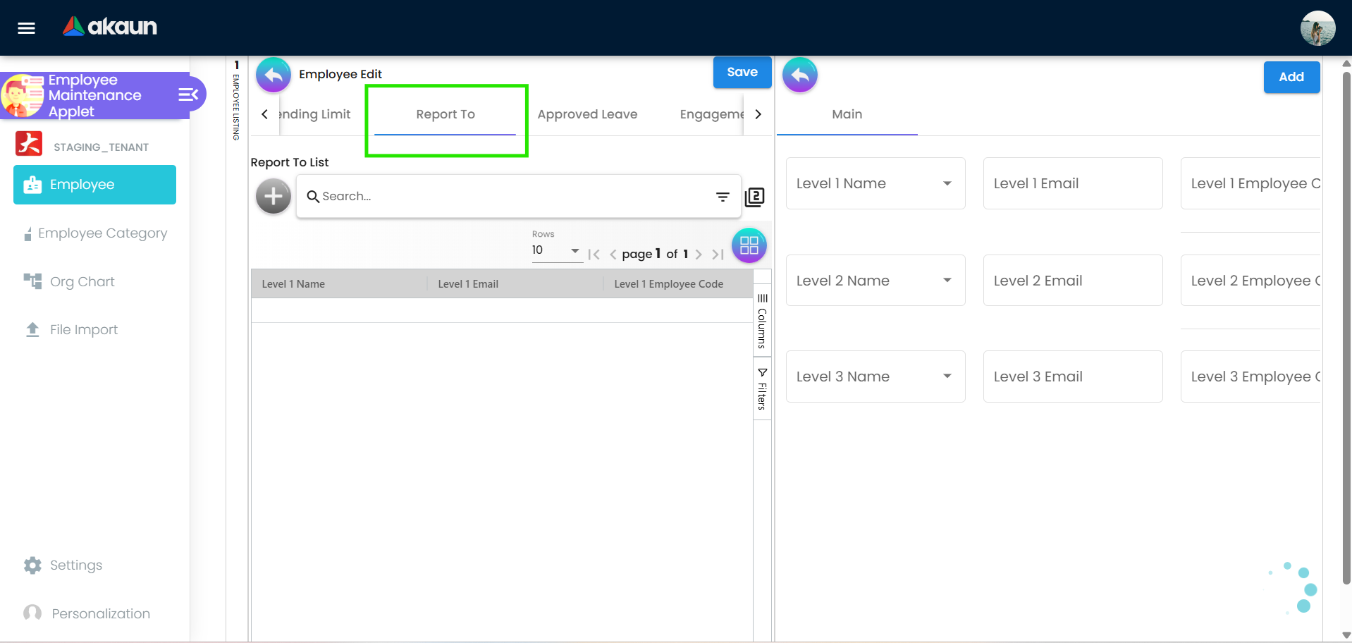 Report To tab in the applet