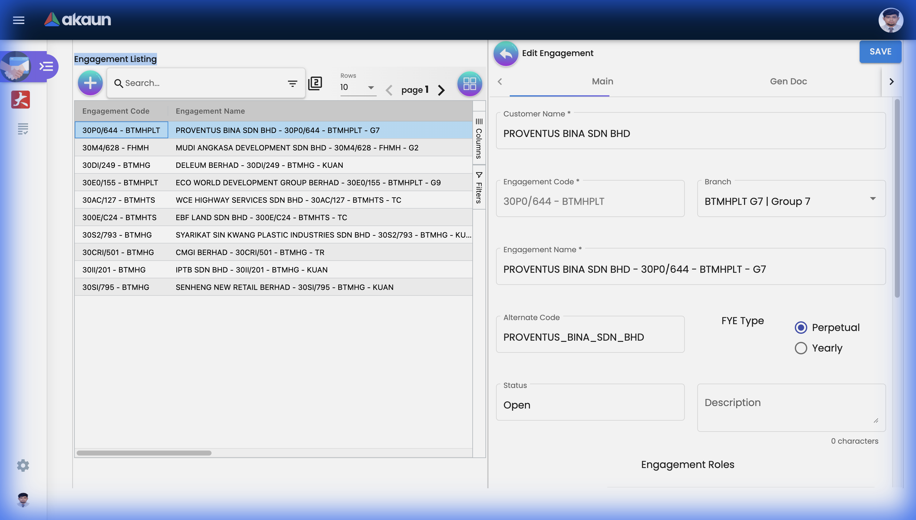 Edit Engagement - Main Tab