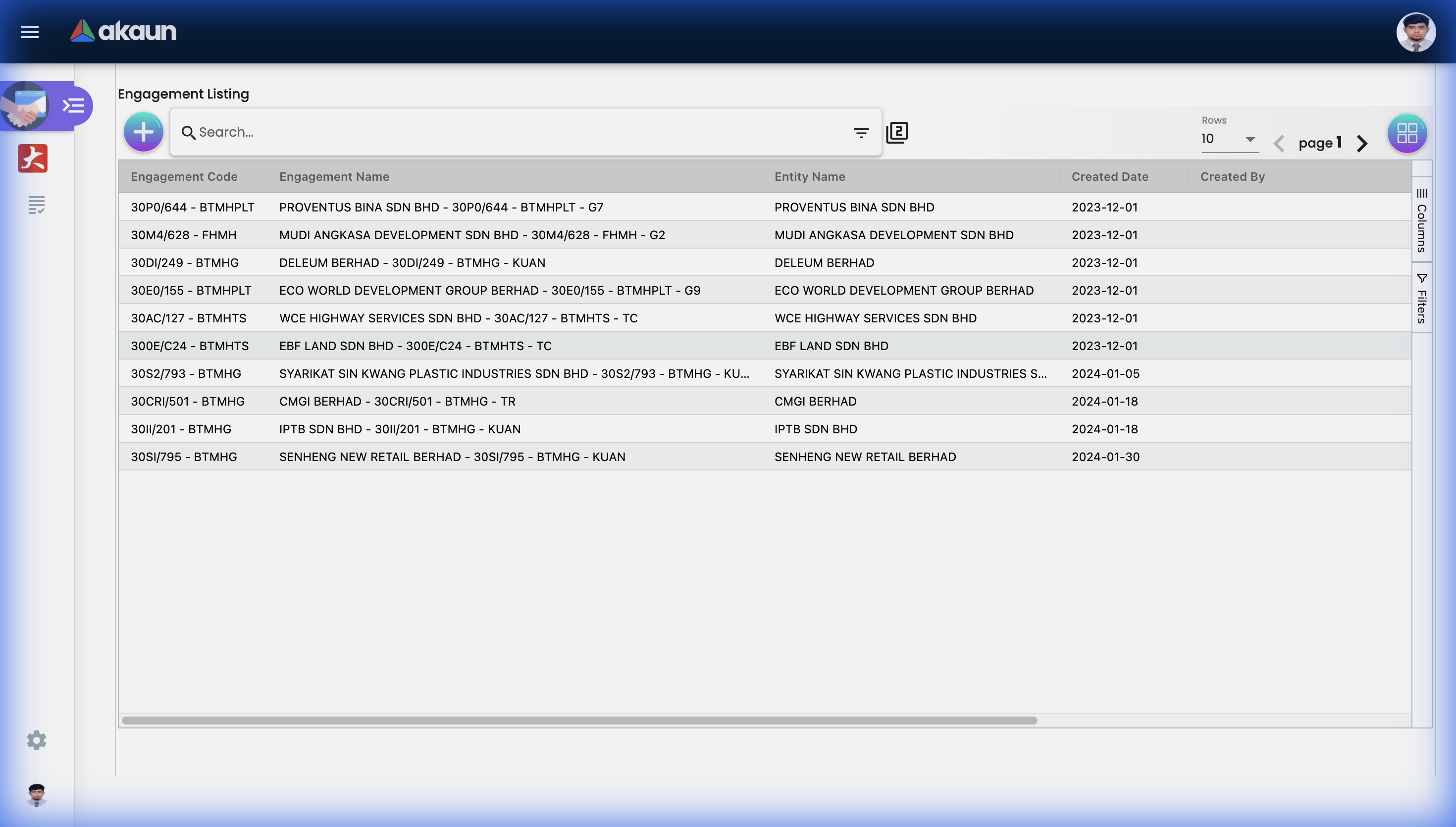 Engagement Listing Interface